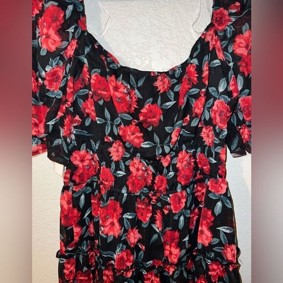 TRIXXI FLORAL RED and BLACK PUFF SLEEVE DRESS- Size MED-NWT - Picture 8 of 14